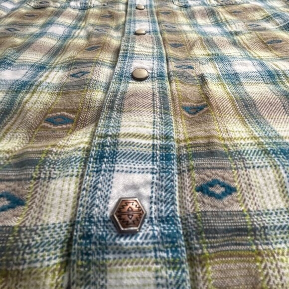 Ariat Retro Fit Mens Plaid Long Sleeve Button-Up Snap Shirt Medium Brown/Blue - Picture 8 of 12